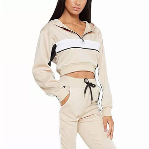 Ensemble de survêtement décontracté pour femme, beige, color block, respirant, mi-lourd, avec sweat à capuche sans manches et pantalon de jogging à cordon de serrage - Product Image 5