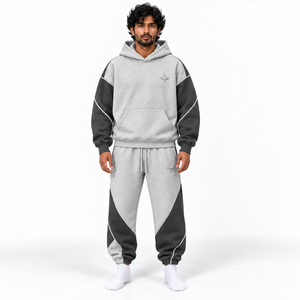 Custom Heavyweight French Terry Cotton Breathable Hoodie <b>Jogger</b> Set Men <b>Oversized</b> Sweatsuit Curved Piping Relaxed Streetwear Fit - Product Image 1