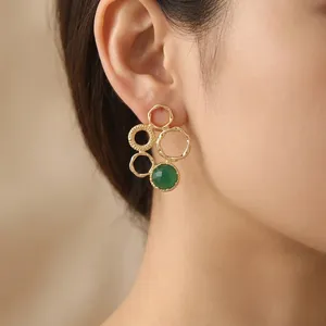 Pendientes de Ónix Verde Natural Redondo con Baño de Oro de 18K, Diseño Circular con Cuentas, Joyería de Moda Brillante al por Mayor - Product Image 2