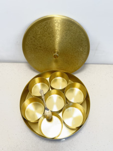 Premium Round Brass Spice <b>Box</b> with 7 Katori Containers Etched Floral Art Lid Luxury Indian Masala Dani Kitchen Organizer Set - Product Image 3