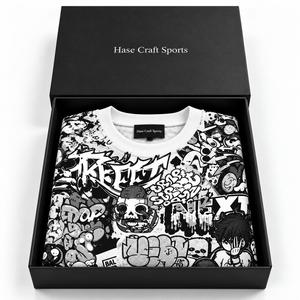 T-shirt graphique oversize pour homme, style streetwear, noir et blanc, imprimé graffiti cartoon, manches courtes, col rond - Product Image 6