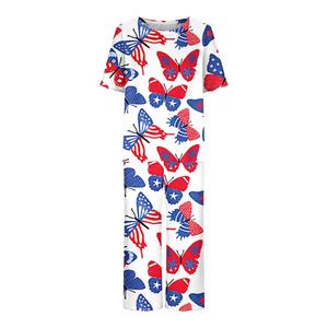Ensemble de pyjama décontracté 2 pièces pour femme, imprimé, coupe régulière, longueur 3/4, col ras du cou, manches courtes, respirant et écologique - Product Image 1