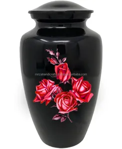 Elegante design de galho de rosa vermelho, adulto clássico, funeral, memorial, preto, cremação metálica, urna de latão para cinzas humanos