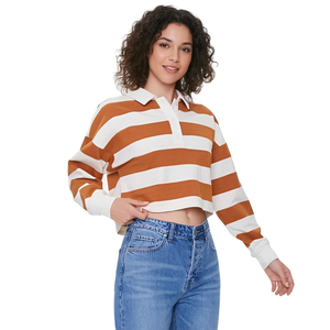 Striped Long Sleeve Crop <b>Polo</b> Shirt <b>Men's</b> Casual Woven Button Front Orange <b>White</b> Design - Product Image 4