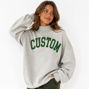 Sudadera Oversize de Cuello Redondo para Mujer, con Cuello Simulado, Bordado con Letras Personalizadas, Gris, Mezcla de Algodón, Tejido de Punto, Invierno - Product Image 1