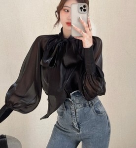 Blusa Elegante de Satén para Mujer con Lazo, Manga Abullonada, Corte Holgado, Color Sólido, Manga Larga para Uso Diario - Product Image 4