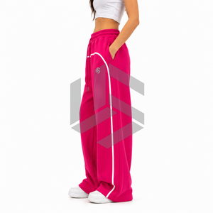 Custom Women Winter Wide Leg Flat Front Sweatpants High Waist Baggy Jogger Pants Oversized Fleece <b>Track</b> Pants Contrast Piping - Product Image 5