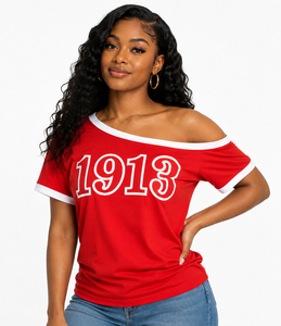 Delta/sigma /theta Cotton 1913 <b>red</b> and white chenille patches ringer off shoulder T-<b>shirt</b> Sorority Delta T-<b>shirts</b> - Product Image 5