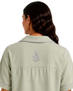 Sage <b>Green</b> Women Pajama Set Short Sleeve Cotton Poplin Loungewear Embroidered Summer Sleepwear Button Up Shorts Set Comfortable - Product Image 6
