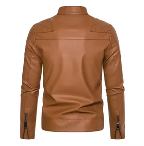 แจ็คเก็ตหนังสไตล์ไบค์เกอร์คลาสสิกสำหรับผู้ชายรุ่นใหม่ล่าสุดปี 2024 พร้อมปกคอตั้งและดีไซน์กันลม - Product Image 2
