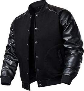 Blouson Bomber Homme Streetwear Noir en Similicuir avec Manches en Cuir PU, Style Universitaire Personnalisé, Coupe Slim, Veste Décontractée - Product Image 2
