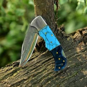 Cuchillo de Caza de Acero de Damasco con Hoja Recta y Mango Azul, Grosor de 0.6mm, Cuchillo Plegable de Bolsillo - Product Image 3