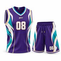 Ensemble de maillots de basket-ball sublimés personnalisés, violet, turquoise, blanc, imprimé géométrique, col en V, sans manches, maille respirante, séchage rapide, 100%