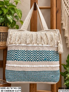 Bohemian <b>Canvas</b> Tote Bag With Beaded Trim And Purple Tassels Open Top Striped Pattern All Seasons Shopping Bag thread pattern - Product Image 2