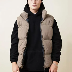 Men's <b>Beige</b> Stand Collar Puffer Vest Zipper Closure Windproof Casual Winter Outerwear Regular Fit Solid Color <b>Waistcoat</b> - Product Image 1
