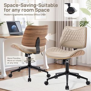 Sedia da Ufficio Girevole Moderna in Noce con Schienale in Legno Curvato e Rivestimento in Pelle PU, Senza Braccioli, Altezza Regolabile, Schienale Medio per Scrivanie Piccole, Stile R - Product Image 2