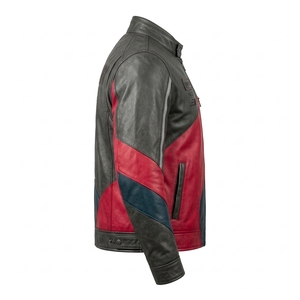 Blouson de motard vintage pour homme en cuir de vachette véritable gris, avec blocs de couleur rouge, jaune et turquoise, col montant, personnalisable OEM ODM, vente en gros - Product Image 3
