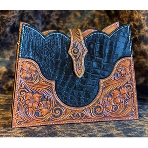 Western <b>Tooled</b> <b>Leather</b> Clutch Purse Black Croc Embossed Handbag Floral Carved Cowgirl Wallet Shoulder Crossbody Bag - Product Image 1
