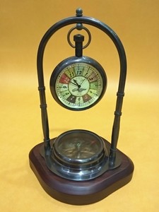 Antique Brass Mechanical Compass Desk <b>Clock</b> Hourly <b>Chiming</b> Silent Movement Vintage Nautical Design Wooden Base for Home Office - Product Image 4