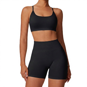 Conjunto de 2 piezas de pantalones cortos de yoga de cintura alta y sujetador deportivo elástico para mujer - Product Image 2