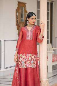 Conjunto de Salwar Kameez de Seda Roja Bordada, Corte Holgado y Largo hasta el Suelo, para Mujer, con Túnica Palazzo, Borde de Encaje y Dupatta, Vestido para Bodas y Fiestas - Product Image 6