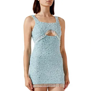 Women's Light Blue Halter Neckline <b>Sleeveless</b> Bodycon Silhouette Eco-Friendly <b>Summer</b> Slim Fit Party & Resort Wear Mini <b>Dress</b> - Product Image 1