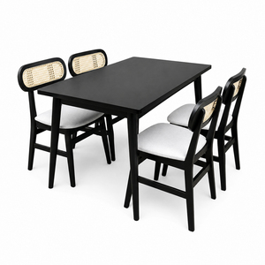 Ensemble de mobilier de véranda en rotin noir, finition moderne en teck, dossier en rotin de qualité supérieure, siège rembourré, 5 pièces, mobilier d'intérieur - Product Image 1