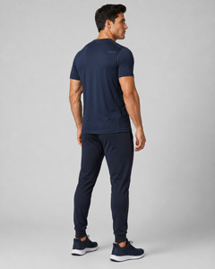 Men's Navy V-Neck Short Sleeve <b>T</b>-<b>Shirt</b> Regular Fit Quick Dry Knitted Fleece <b>Polyester</b>/Cotton Casual Wear Front Logo Breathable - Product Image 2