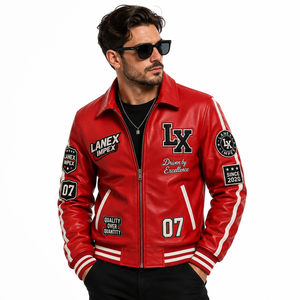 Custom Red <b>Leather</b> Varsity <b>Jacket</b> <b>Men</b> Embroidered Letterman Bomber <b>Jacket</b> with Chenille Patches OEM ODM Wholesale Manufacturer - Product Image 1