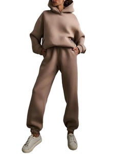 Conjunto de 2 piezas informal con hombros caídos de gran tamaño, sudadera de invierno, pantalones para correr, parches de encaje sólido, lona lavada - Product Image 2