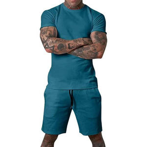 Ensemble deux pièces streetwear tricoté imprimé de haute qualité : T-shirt et short décontracté respirant à manches courtes pour l'été, 100 % coton - Product Image 1
