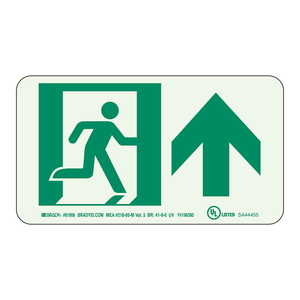Panneau de sortie d'urgence homologué BradyGlo NYC avec un homme qui court et une flèche ascendante pour évacuation d'urgence - Product Image 1