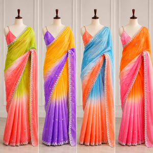 Gradient Orange Purple <b>Satin</b> <b>Saree</b> Embellished Traditional Dress With Unstitched Blouse for Wedding Party - Product Image 6