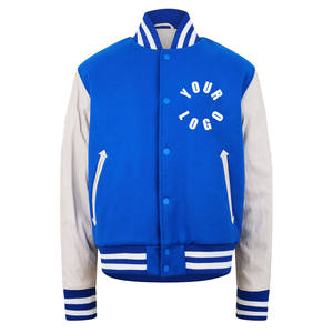 Men Blue Varsity <b>Jacket</b> With Cream Sleeves Regular Fit Turn-Down Collar Single Breasted Button Closure Solid Color Casual Style - Product Image 6
