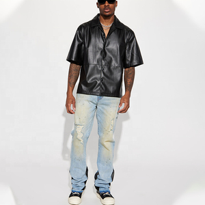 Custom High Quality Men's Short Sleeve Faux Leather Stand Collar T-<b>Shirt</b> Jacket Chest Pocket Eco-Friendly Breathable Anti-shrink - Product Image 3