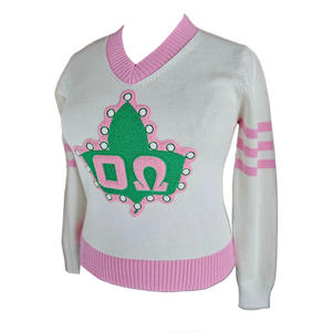 Pull en tricot à col en V pour femme avec logo Omega brodé vert et rose, manches longues, style preppy - Product Image 1