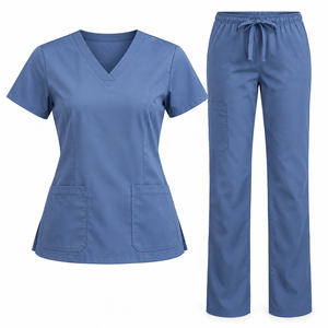 Conjunto de Uniforme Médico para Mujer Color Azul Océano, Blusa con Cuello en V y Manga Corta con Bolsillos, Pantalones Rectos con Cordón, Uniforme de Enfermería para Clínica - Product Image 4