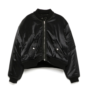 Black Satin Bomber <b>Jacket</b> With Stand Collar And Zipper Closure For Autumn Casual Wear - Product Image 4