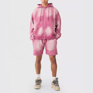 Best Quality Acid <b>Wash</b> Two Piece Tracksuit for Men Streetwear Zip-up Hoodie & Short Stylish Sun Faded Gradient Color Sweat Suit - Product Image 1