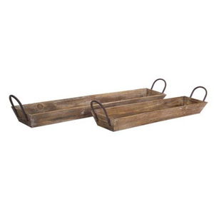 Plateau de service décoratif rectangulaire en bois brun et métal, plateau en pin avec poignées pour la décoration moderne de la maison de style farmhouse - Product Image 4