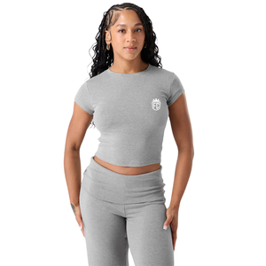 Cloud Tee T-shirt côtelé pour femme, gris chiné, coupe ajustée extensible, haut court pour la gym, l'entraînement, le yoga et les loisirs sportifs - Product Image 1