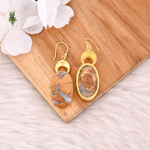 Boucles d'oreilles pendantes plaquées or de qualité supérieure, bijoux en laiton avec pierre précieuse Malinga Jasper, boucles d'oreilles en laiton faites à la main pour femmes - Product Image 4