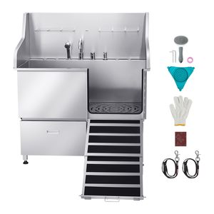 Stazione di lavaggio per cani in acciaio inossidabile 304, vasca da toelettatura antiscivolo da 50 pollici con rampa a bassa pendenza, cassetto portaoggetti esterno, rubinetto acqua calda e fredda - Product Image 1