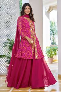 Traje Kurta Plazzo Dupatta de Foux Georgette con Bordado Badhani y Diseño de Hilo Impreso - Product Image 3