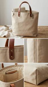 Bolsa de Lona Beige Grande y Sólida con Asas de Cuero Marrón, Diseño Minimalista con Letras Impresas, Cierre de Cremallera, Lista para Viajar, Bolsa de Hombro - Product Image 3