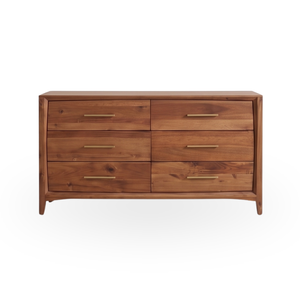 Commode moderne en bois massif faite à la main à 6 tiroirs, meuble de rangement autoportant finition naturelle, coiffeuse pour chambre et salon - Product Image 1