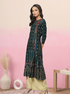 ชุดอานาร์กาลีผ้าเรยอนสีเขียวพิมพ์ลายดอกไม้สำหรับผู้หญิง คอทรงเรือ แขนสามส่วน แห้งเร็ว เหมาะสำหรับฤดูร้อน สไตล์ลำลองแบบชาติพันธุ์ทั่วโลก - Product Image 2