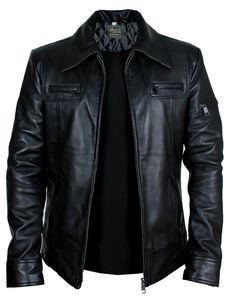 Blouson moto en cuir véritable noir pour homme, col rabattable, fermeture éclair, manches classiques, vêtement d'extérieur décontracté d'automne, en cuir de chèvre véritable pour homme. - Product Image 4