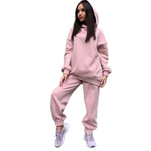 Hot sale winter fashion thick fleece pullover hoodie and blank trousers women's two piece set - Product Image 1