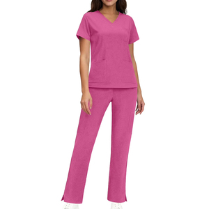Women's Pink V-Neck <b>Scrub</b> <b>Set</b> with Pockets Hospital Uniforms - Product Image 3